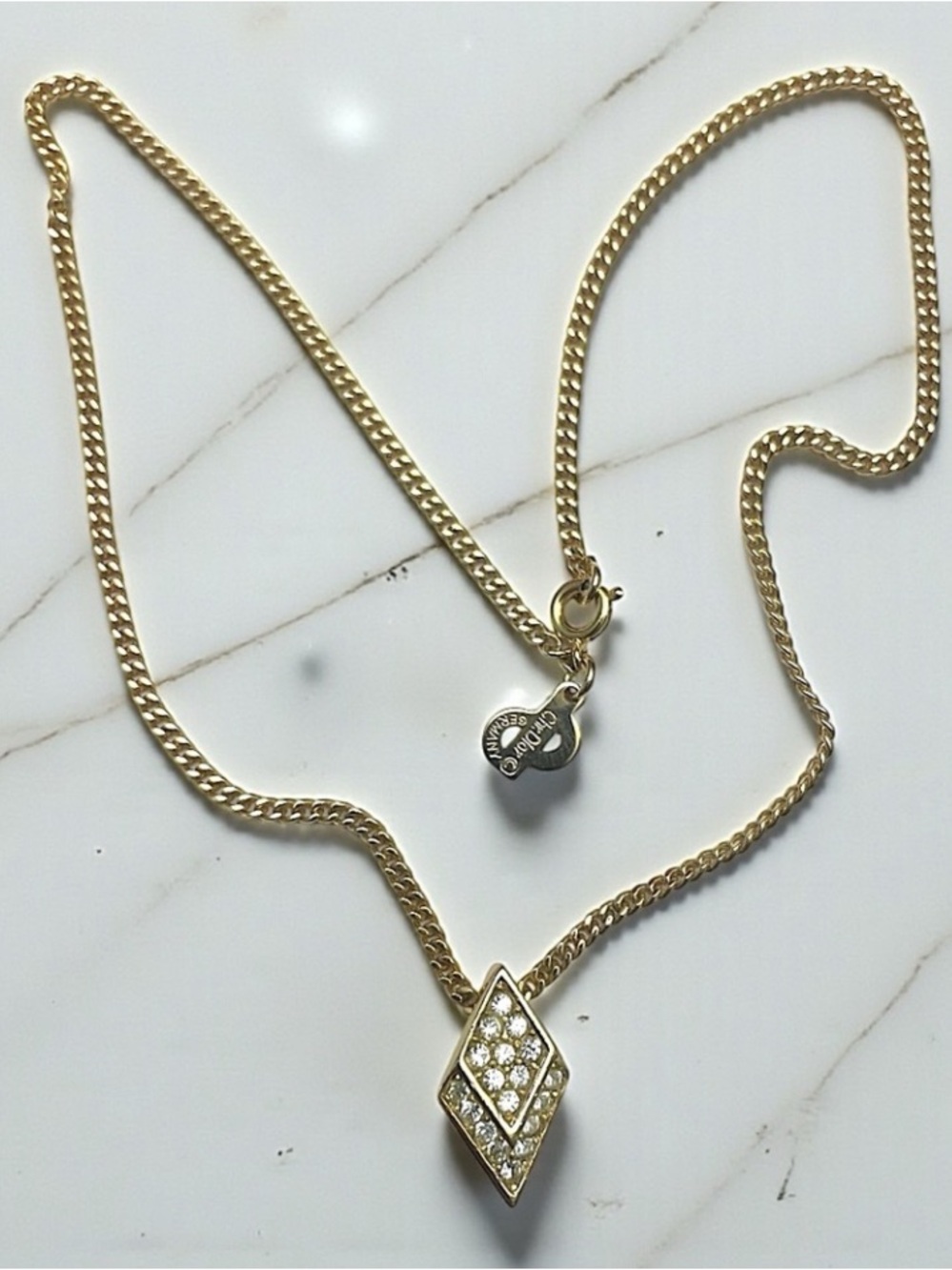 Vintage Christian Dior Rhinestone Rhombus Pendant Necklace Gold Curb Chain 1980s